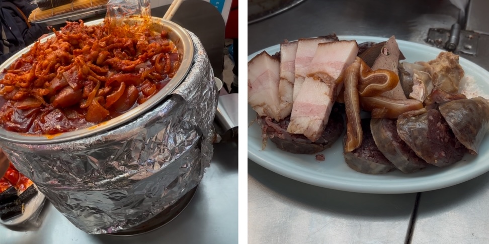 (左): 닭발(タッパル) (右): 순대(スンデ)