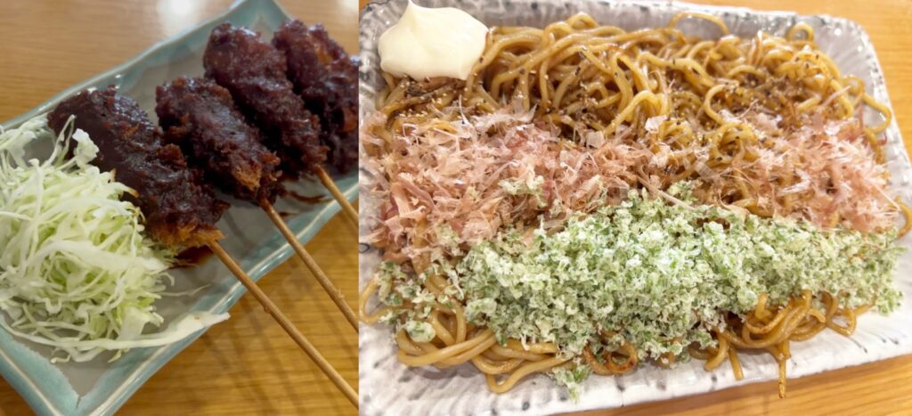 （左）：味噌串カツ（右）：焼きそば